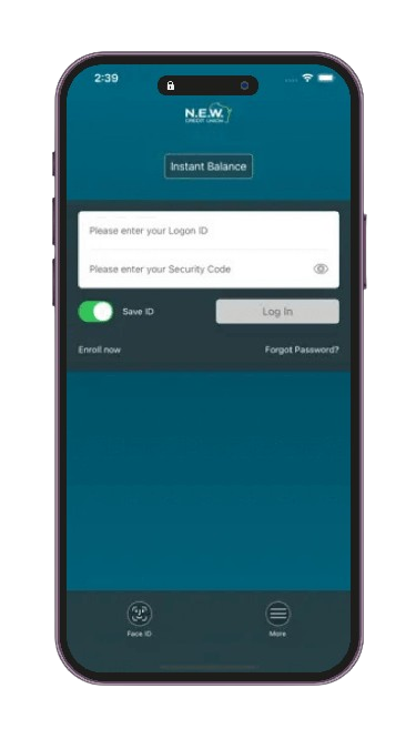 N.E.W. Credit Union Mobile App login on mobile device