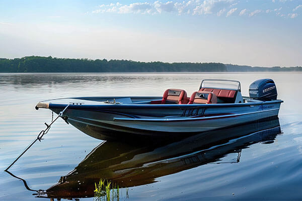 Boat sitting on lake at sundown