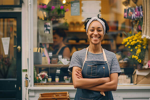 Business owner standing and smiling for picture outside of flower shop.
