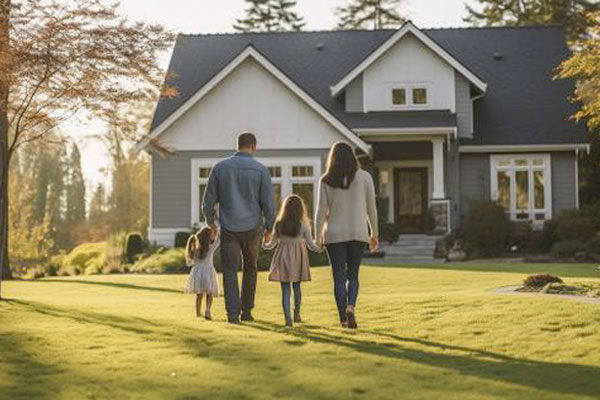 Family of four holding hands walking toward house in front of them.
