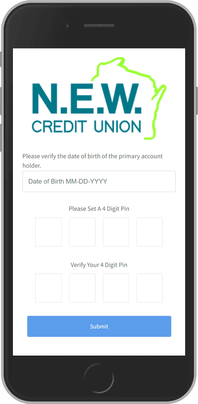 Verification screen on N.E.W. Credit Union's mobile app for MessagePay