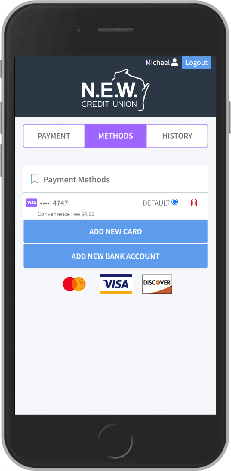 Payment methods screen on N.E.W. Credit Union's mobile app for MessagePay