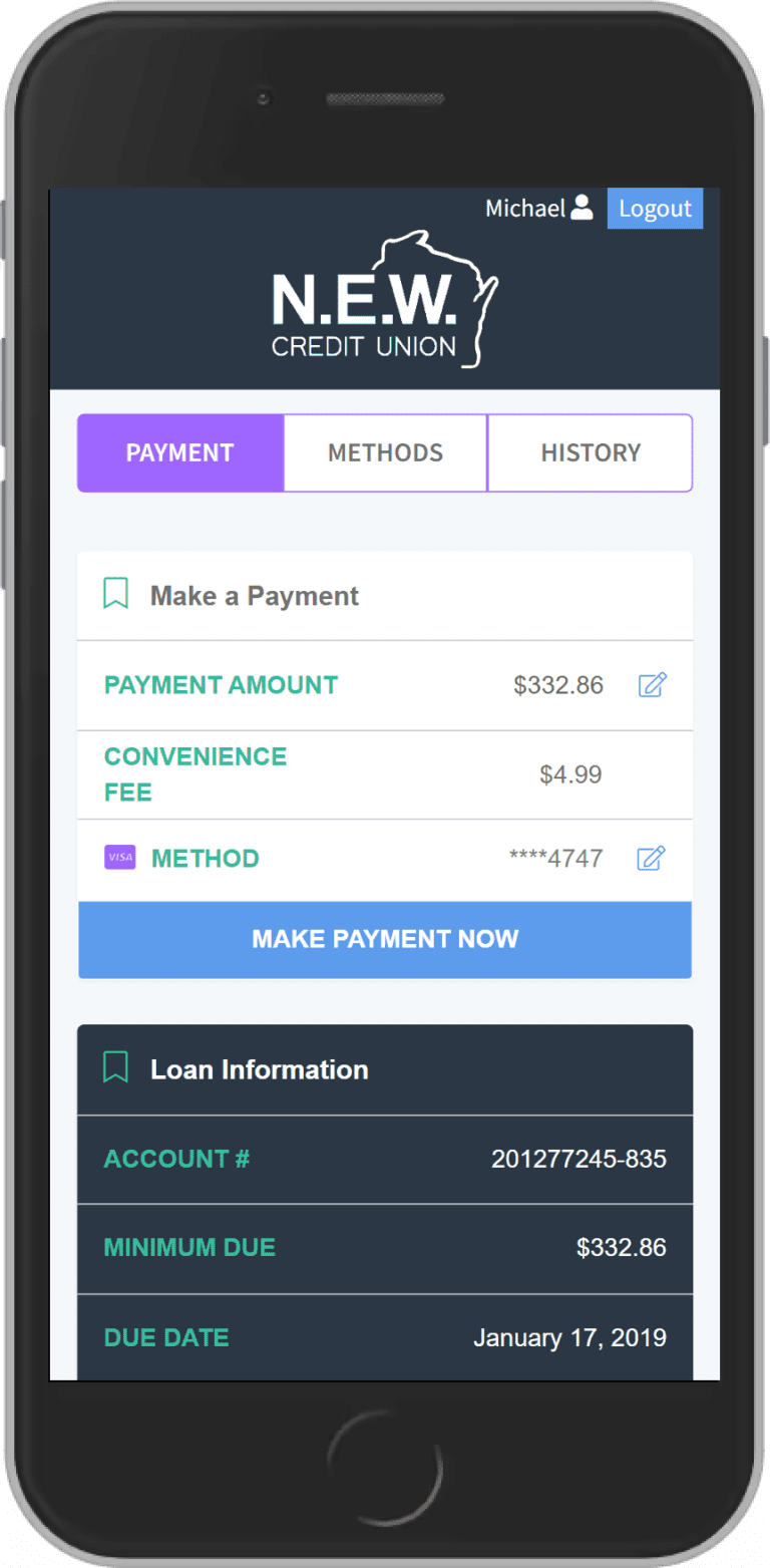 Make A Payment screen on N.E.W. Credit Union's mobile app for MessagePay