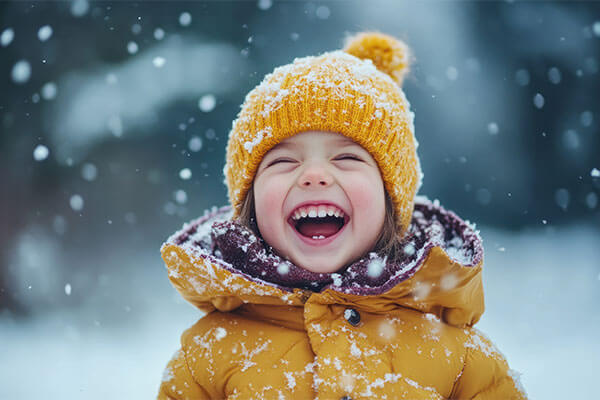 Little girl with large smile on her face standing outside in snow.